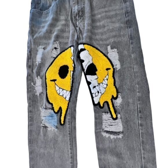 🎉SALE🎉 Distressed Denim Jeans Cartoon Graphic‎ Smiley Face Skull Streetwear 30 - Picture 5 of 14